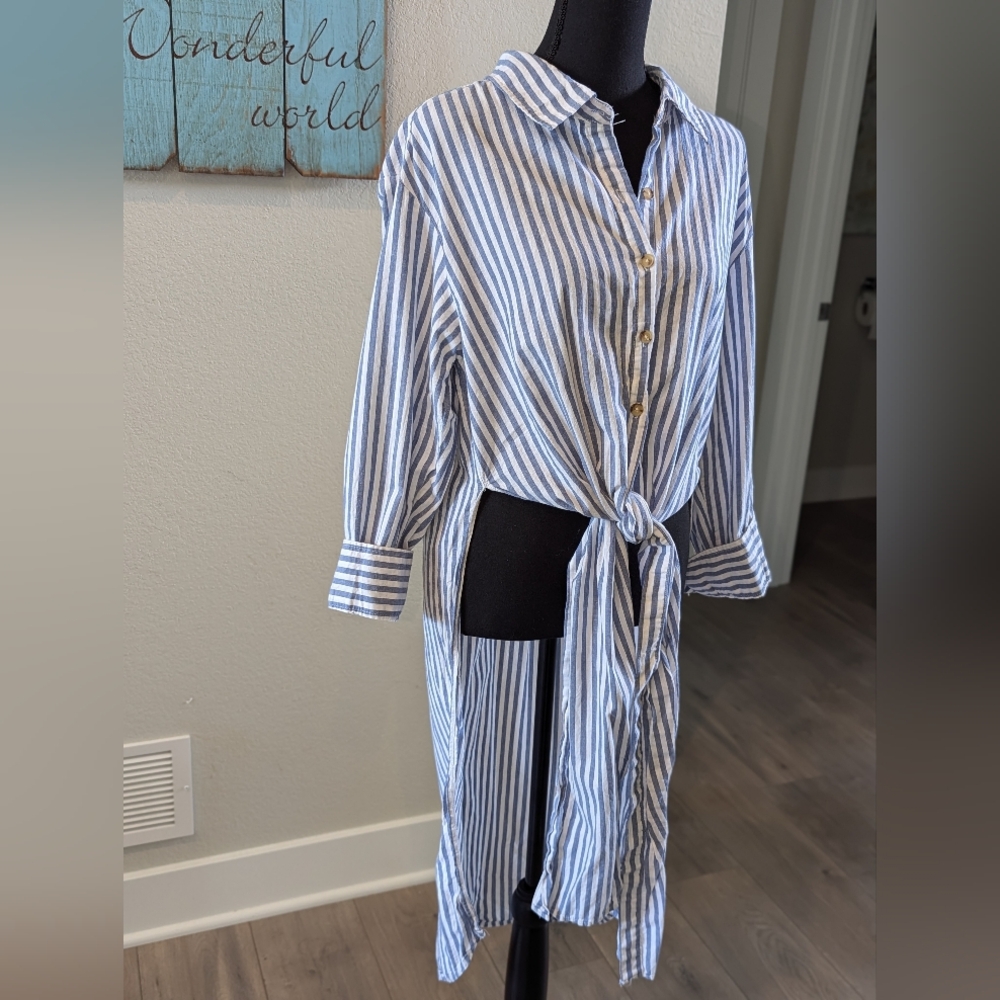 Vintage Havana Striped Button Down Shirt with Tie Front High Low - Picture 2 of 5